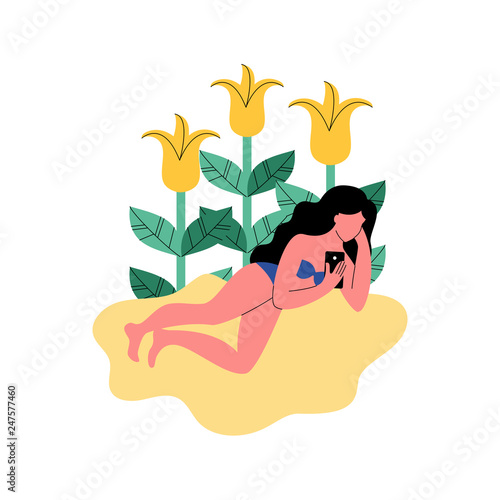 A woman on the beach uses a smartphone. Vector illustration.