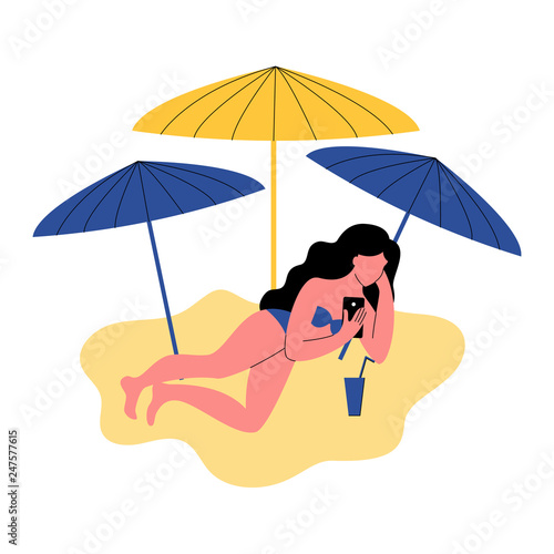 A woman on the beach uses a smartphone. Vector illustration.