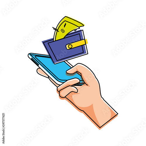hand using smartphone with wallet and bills