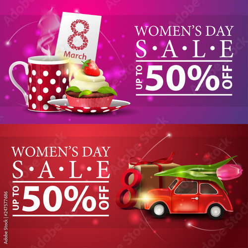 Women's day discount banners with cup of tea with cupcake and car with Tulip