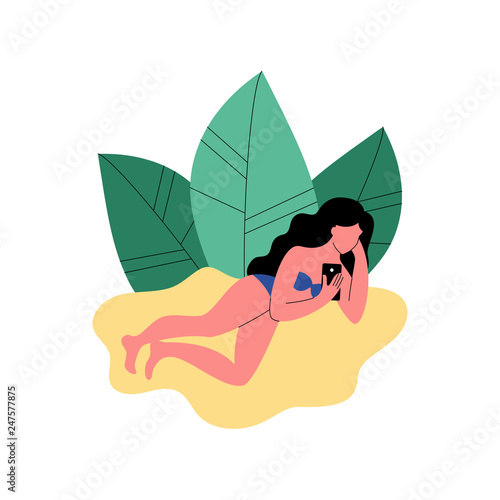A woman on the beach uses a smartphone. Vector illustration.
