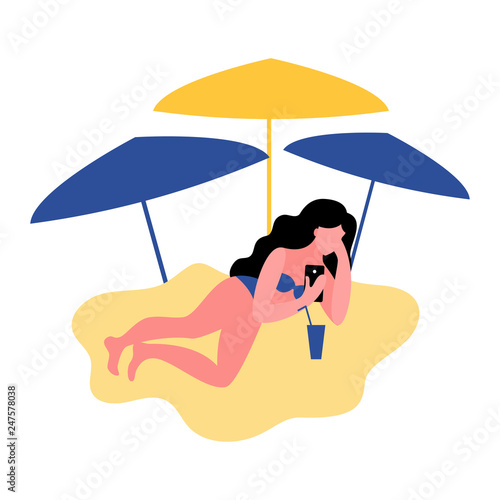 A woman on the beach uses a smartphone. Vector illustration.
