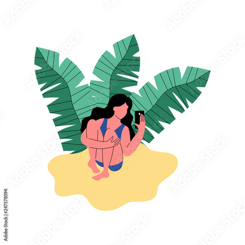 A woman on the beach uses a smartphone. Vector illustration.