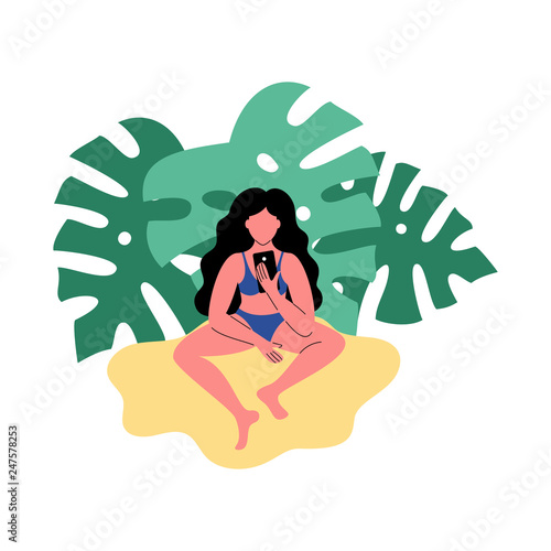 A woman on the beach uses a smartphone. Vector illustration.