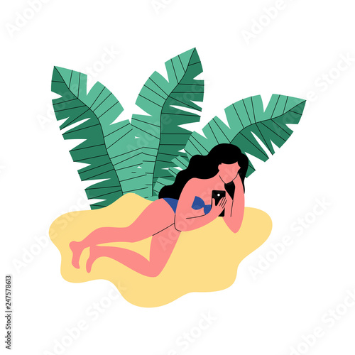 A woman on the beach uses a smartphone. Vector illustration.