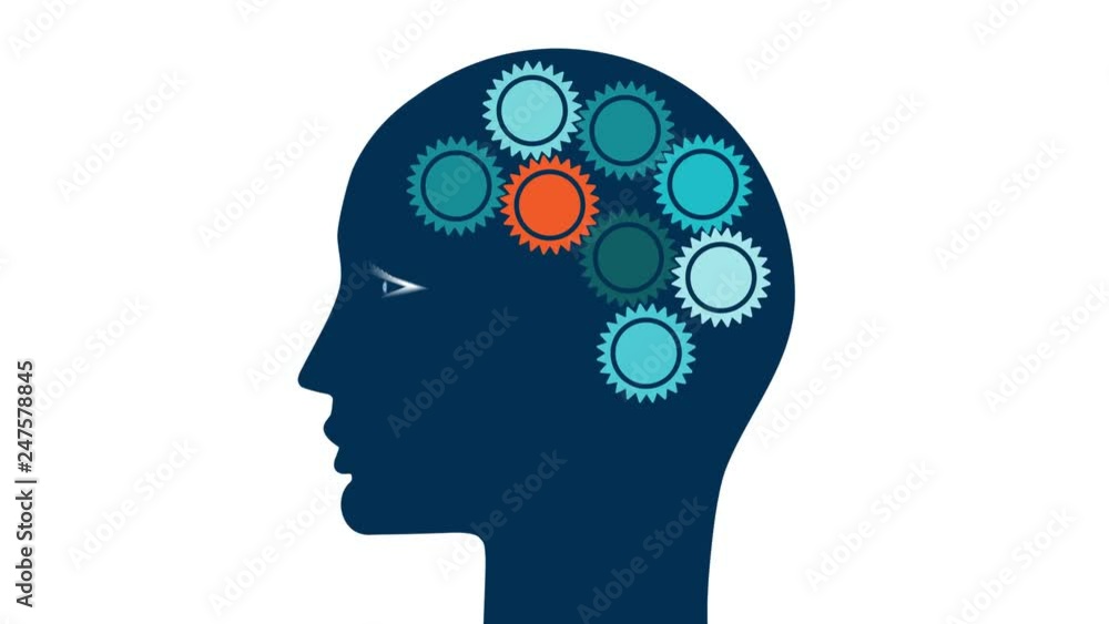 Cog wheels in the head of a person in the form of a brain, the concept of thinking of people Cog wheels in the head of a person in the form of a brain, the concept of thinking of people