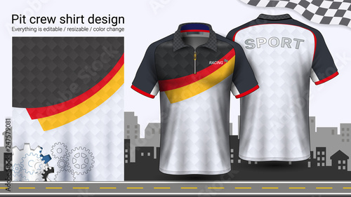 Polo t-shirt with zipper, Racing uniforms mockup template for Active wear and Sports clothing, such as, Racing apparel, Karting, Pit crew, Mechanic overalls, Everything is editable and Color change.