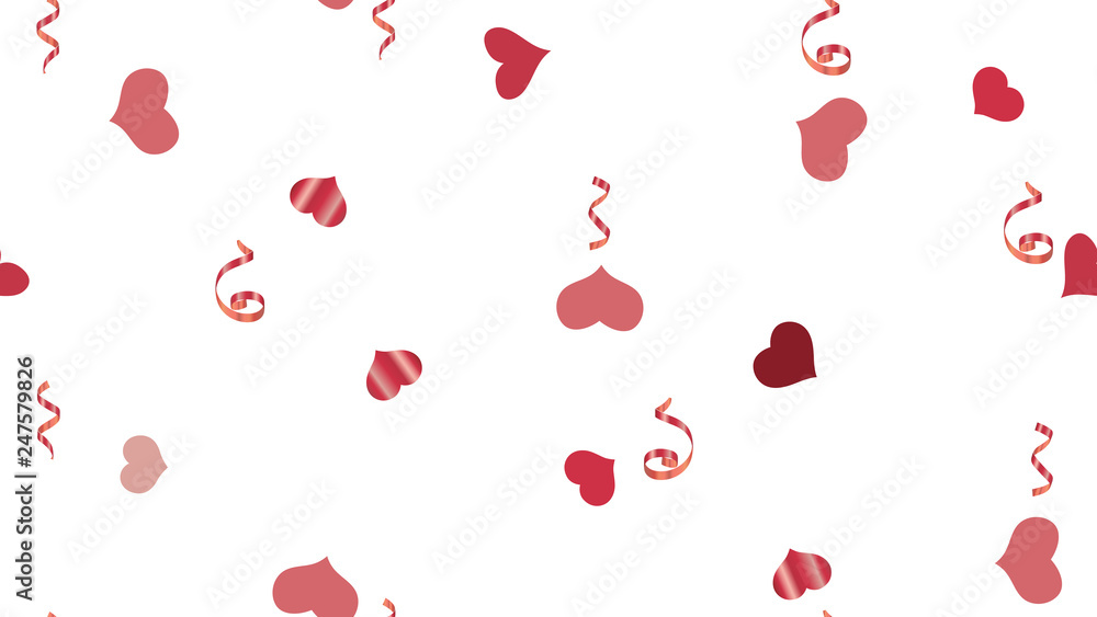 Vector Seamless Pattern on a White Background. Element of packaging, textiles, wallpaper, banner, printing. Flying Red confetti. Festive Pattern of Hearts and Serpentine.