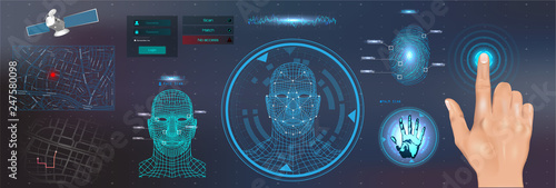  Scanning Identification System in HUD style. Scan: Fingerprints, Voice, Palm and Face.  Recognition Biometric Technology and Artificial Intelligence Concept.  HUD UI Identification Interface