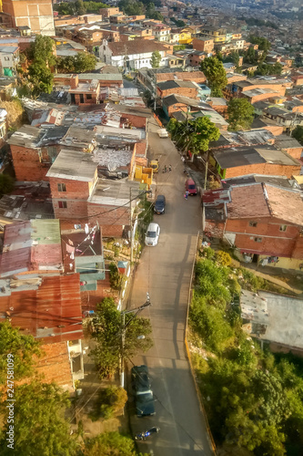 Comuna or slum / slums in Medellin Colombia. Comuna 13 is known for escalators between streets. Colourful buildings. Favela
