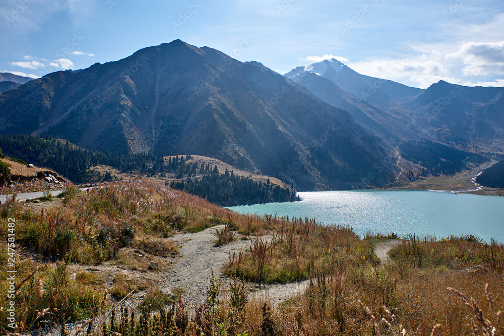 Kazakhstan. Almaty. The Big Almaty Lake. View of the dam. Peak Skalisty and Peak Sovetov