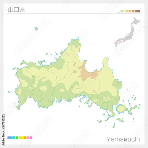 山口県の地図（等高線・色分け）