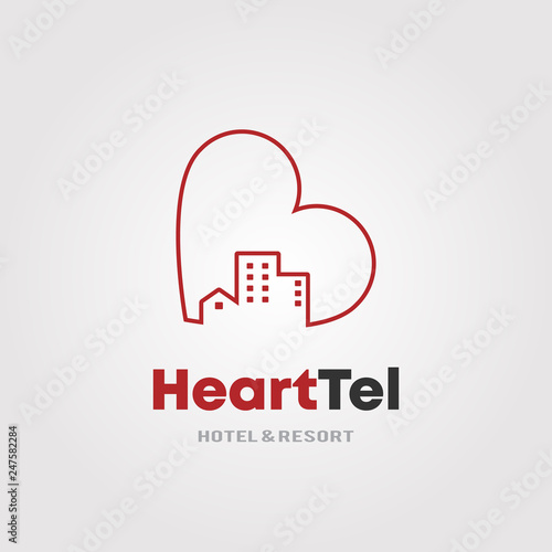 Heart Hotel Logo Template with heart and Hotel Accommodation building design concept for Hotel and Resort.