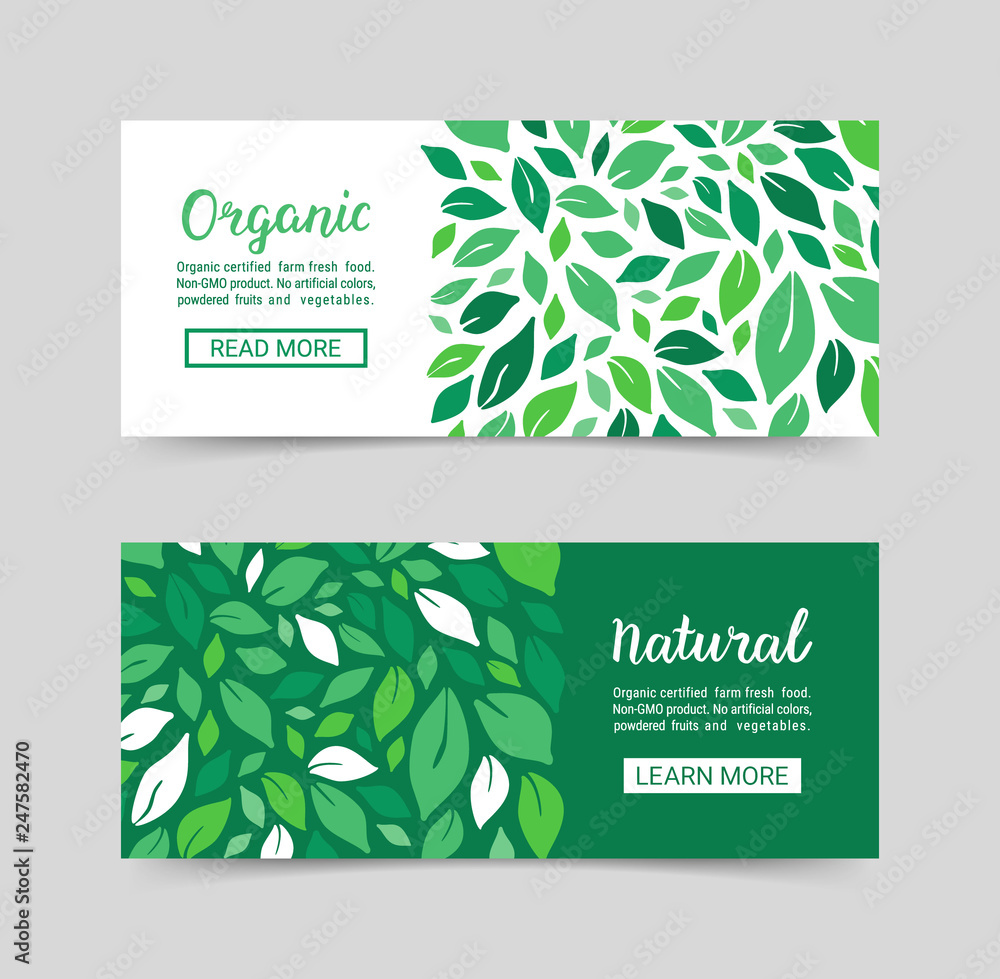 Green website banners with salad leaves pattern. Natural, Organic hand drawn lettering text. Colourful template collection. Healthy food plant-based concept. Vector EPS 10 illustration