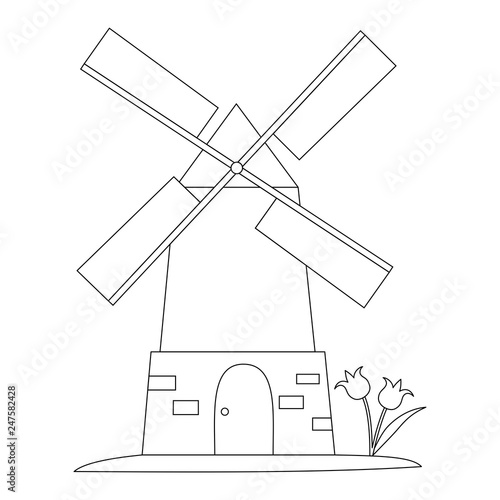 Old mill and tulips. Line art for coloring book. Vector coloring page.