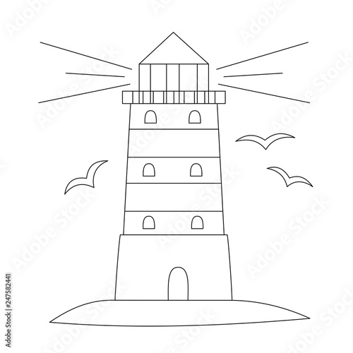 Lighthouse and sea bird. Line art for coloring book. Vector coloring page.