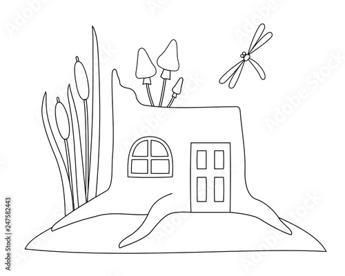 Fairy tale house in a tree stump. Line art for coloring book. Vector coloring page.