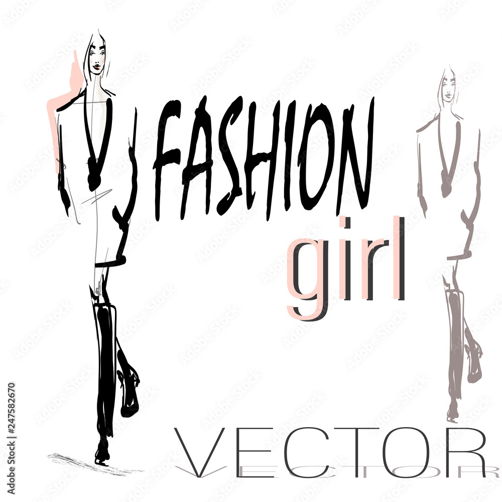 Sketch of beautiful girl in coat and boots. Hand-drawn fashion illustration. Vector