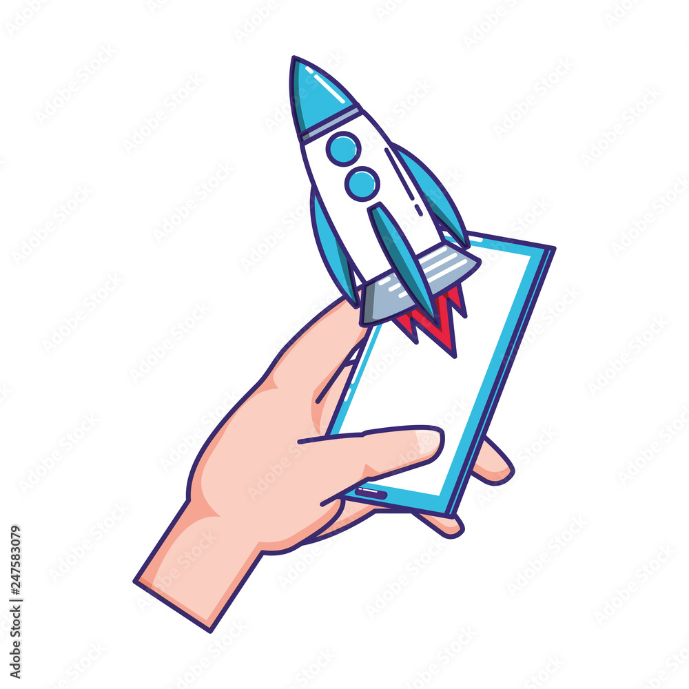hand using smartphone with rocket hand using smartphone with rocket