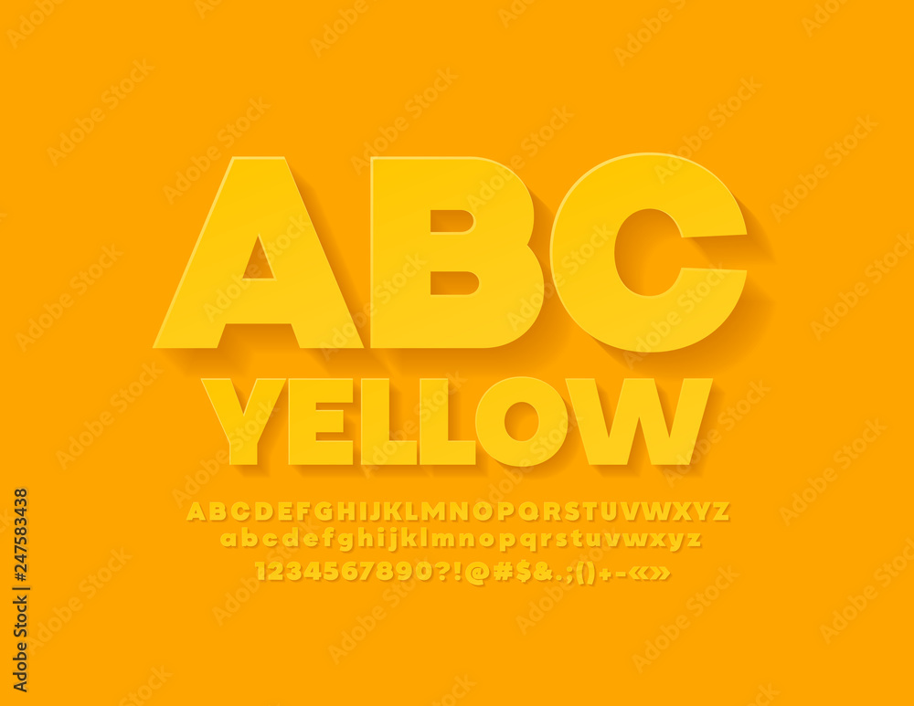 Vector bold yellow Font. Trendy flat Alphabet for infographics with shadow. 