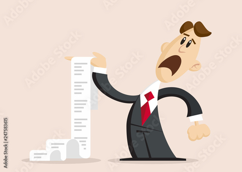 Unhappy businessman  with long task list or long bill