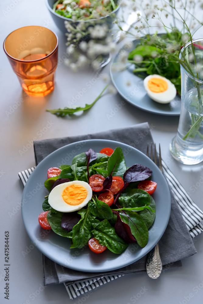 Salad mix with spinach, arugula,beet leaves, tomatoes and eggs on gray wooden background. Vegetarian food concept. Selective focus. Salad mix with spinach, arugula,beet leaves, tomatoes and eggs on gray wooden background. Vegetarian food concept. Selective focus.