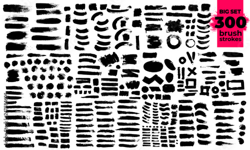 Giant set of black brush strokes. Paint, ink, brushes, lines, grunge. Strokes text. Dirty artistic design elements, boxes, frames. Freehand drawing. Vector illustration. Isolated on white background.