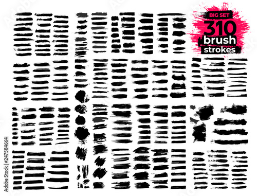 Giant set of black brush strokes. Paint, ink, brushes, lines, grunge. Strokes text. Dirty artistic design elements, boxes, frames. Freehand drawing. Vector illustration. Isolated on white background.