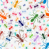 Seamless pattern of the random silhouette colorful ants. Vector illustration. Isolated on white background.