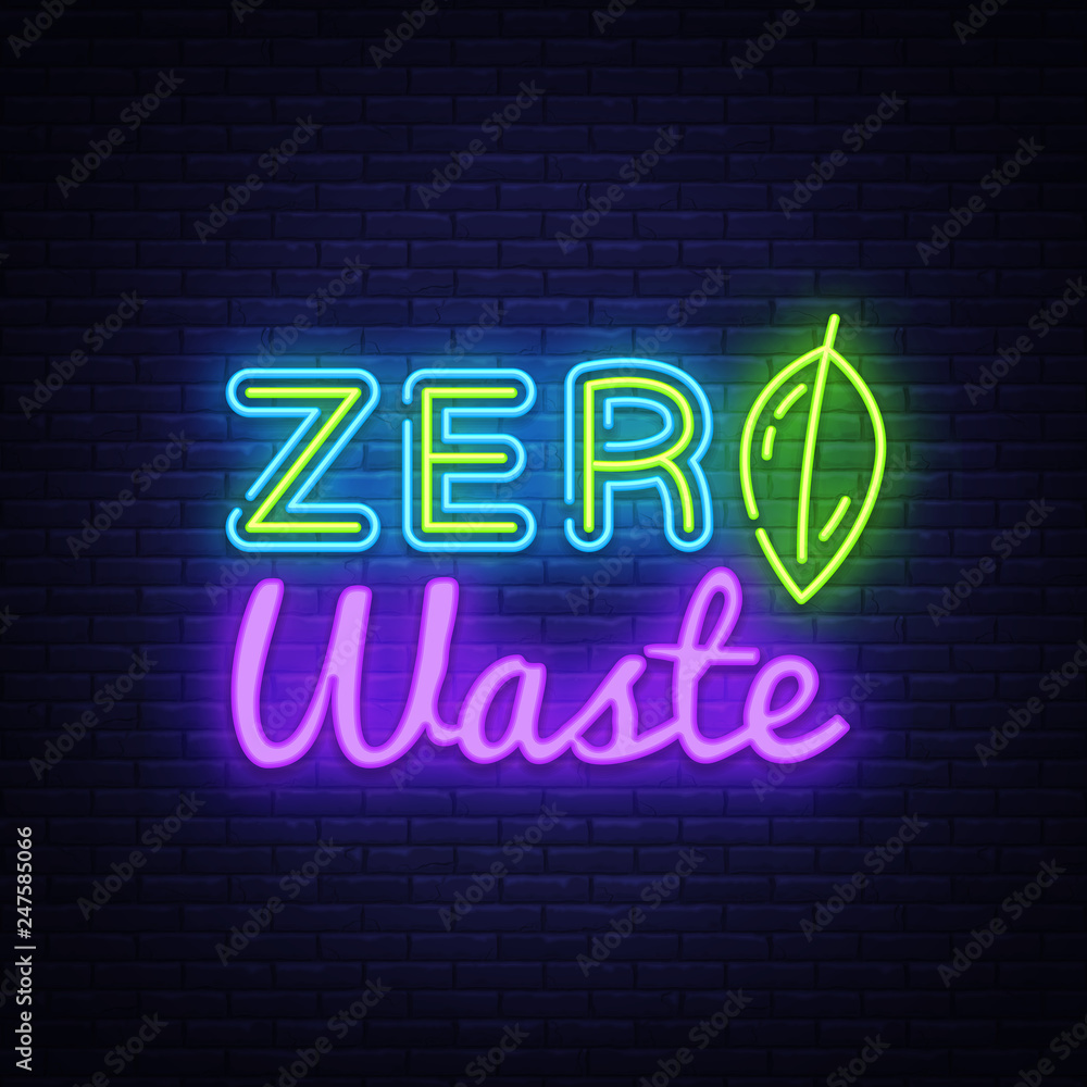 Zero Waste Neon Text Vector. Zero Waste neon sign, design template, modern trend design, night neon signboard, night bright advertising, light banner, light art. Vector illustration