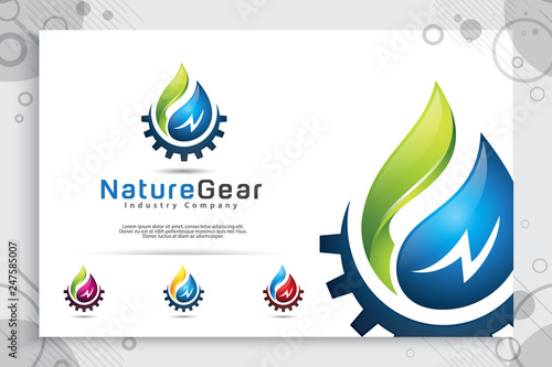 : nature water drop vector logo design with gears cogs concept , illustration of fresh water and gear cog for energy ecology and industrial company