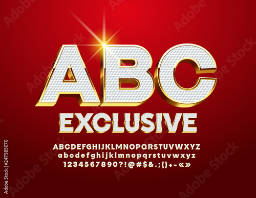 Vector exclusive White and Golden Font. Chic royal Alphabet Letters, Numbers and Symbols.