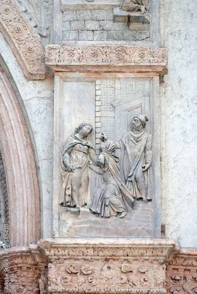 Visitation of the Virgin Mary by Giacomo Scilla, left door of San Petronio Basilica in Bologna, Italy