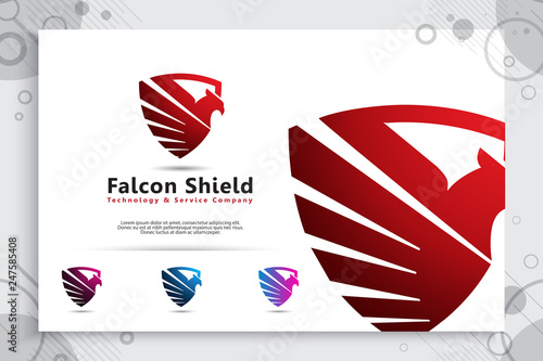 falcon Shield tech vector logo designs with modern style concept, illustration of bird shield as a symbol of cyber security for digital template company