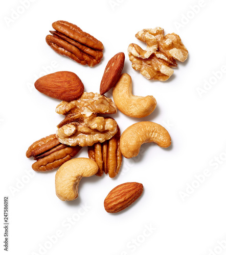 Mixed Nuts: Almonds, Walnuts, and Pecans on a white background