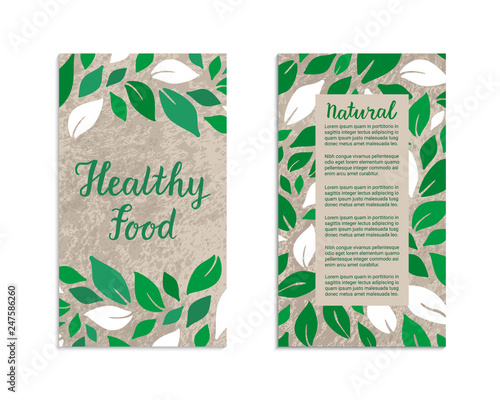 Vegetable flyers with salad leaves. Healthy food, Natural lettering inscription. Kraft paper background. Vegetarian, weight loss, low calorie ecology illustration. Eps 10 vector label set.