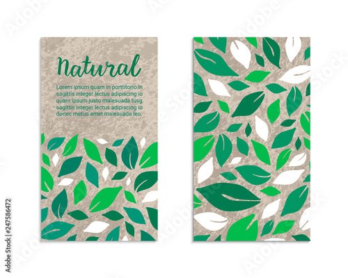 Vegetable flyers with salad leaves. Natural lettering inscription. Kraft paper background. Healthy food, vegetarian, weight loss, low calorie ecology illustration. Eps 10 vector label set.