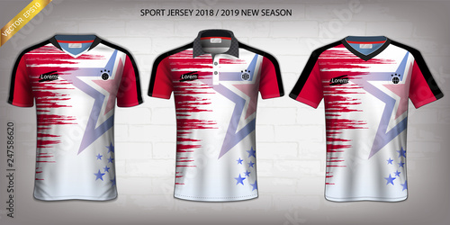 Soccer jersey and t-shirt sport mockup template, Graphic design for activewear uniforms such as Football, Volleyball, Tennis, Badminton, Table Tennis, Rugby, etc, Vector EPS10 Fully Customized.