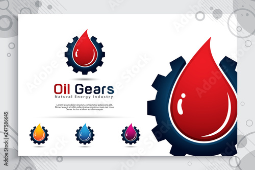 Water drop vector logo design with gears cogs concept , illustration of water drop with gears cogs for liquid oil eco energy and industrial company.