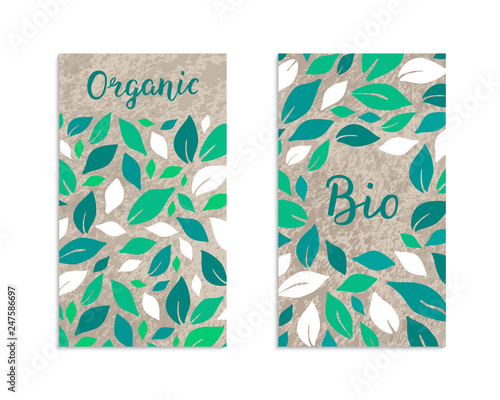 Vegetable flyers with salad leaves. Organic, Bio lettering inscription. Kraft paper background. Healthy food, vegetarian, weight loss, low calorie ecology illustration. Eps 10 vector label set.