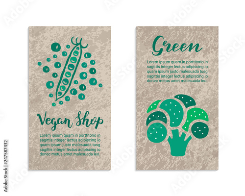 Vegetable flyers with broccoli, peas. Vegan shop, Green lettering inscription. Kraft paper background. Healthy food, vegetarian, weight loss, low calorie ecology illustration. Eps 10 vector card set.
