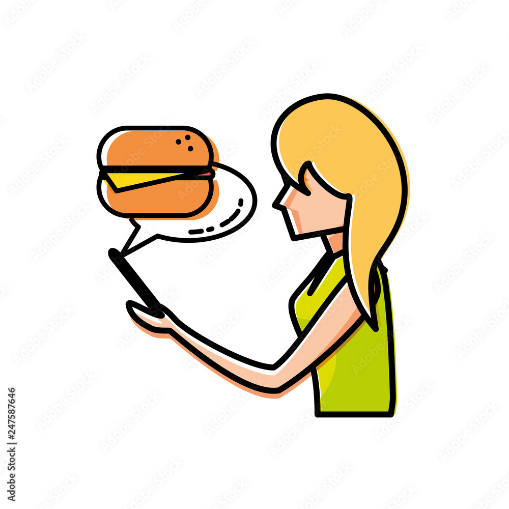 woman using smartphone shopping burger