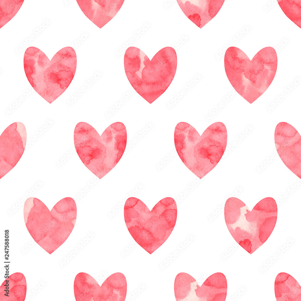 Valentine's Day seamless pattern. Red watercolor hearts on a white background. Handmade, grunge texture. Vector illustration.