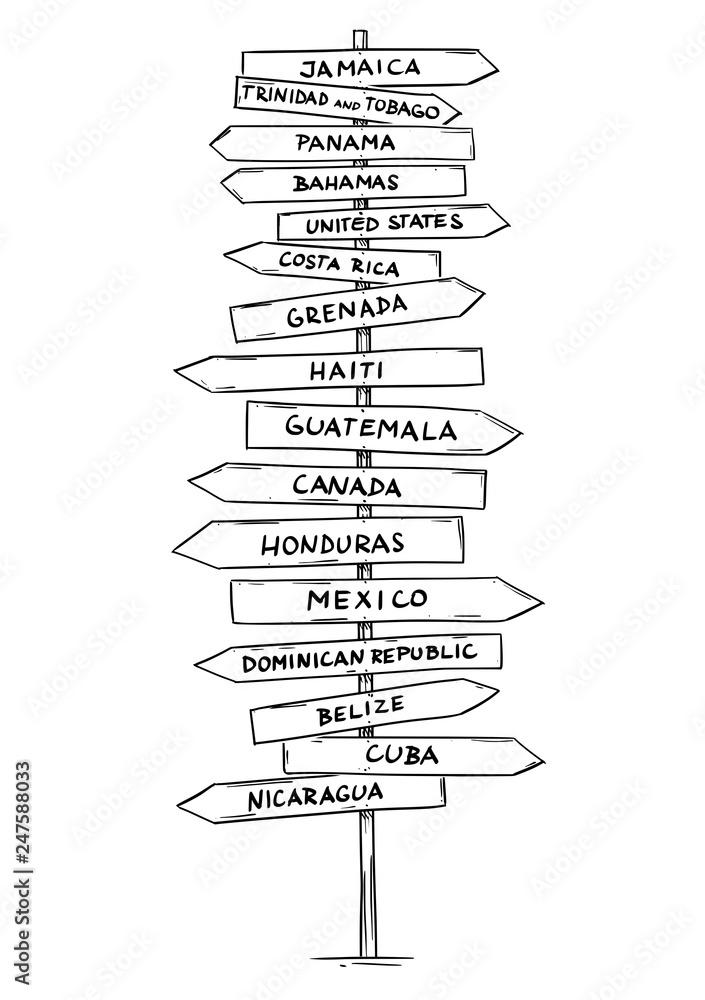 Artistic drawing of old wooden directional road arrow sign with names of some countries of North, Middle or Latin America. Canada, Mexico, United States,Panama, Cuba and more. Artistic drawing of old wooden directional road arrow sign with names of some countries of North, Middle or Latin America. Canada, Mexico, United States,Panama, Cuba and more.