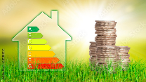 Green house in a energy efficience performance certificate concept. A pile of coins as power bill and saving. Empty copy space for Editor's text.