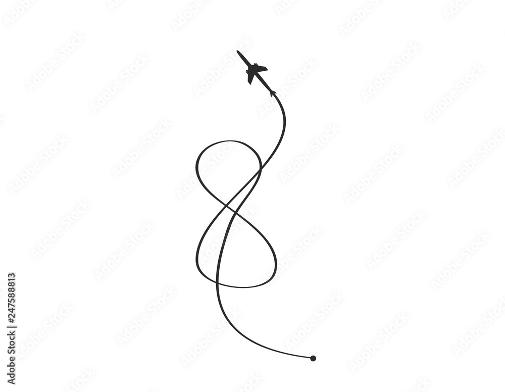 Plane and its track as a sign of infinity on white background. Vector illustration. Aircraft flight path and its route Plane and its track as a sign of infinity on white background. Vector illustration. Aircraft flight path and its route