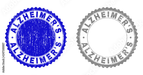 Grunge ALZHEIMER'S stamp seals isolated on a white background. Rosette seals with grunge texture in blue and grey colors. Vector rubber imprint of ALZHEIMER'S title inside round rosette.