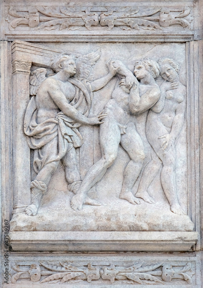Expulsion from Paradise, Genesis relief on portal of Saint Petronius Basilica in Bologna, Italy