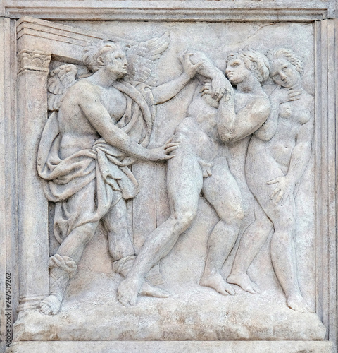 Expulsion from Paradise, Genesis relief on portal of Saint Petronius Basilica in Bologna, Italy