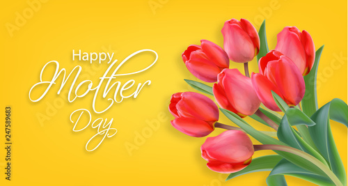 Mother day tulip flowers Vector realistic. Beautiful spring card holiday yellow bright colors